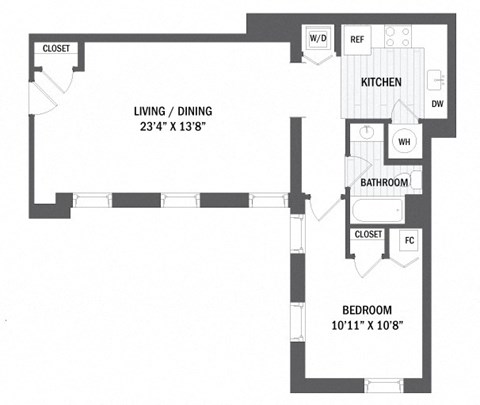 Floor plan for 1 bed, 1 bath, 694 sqft